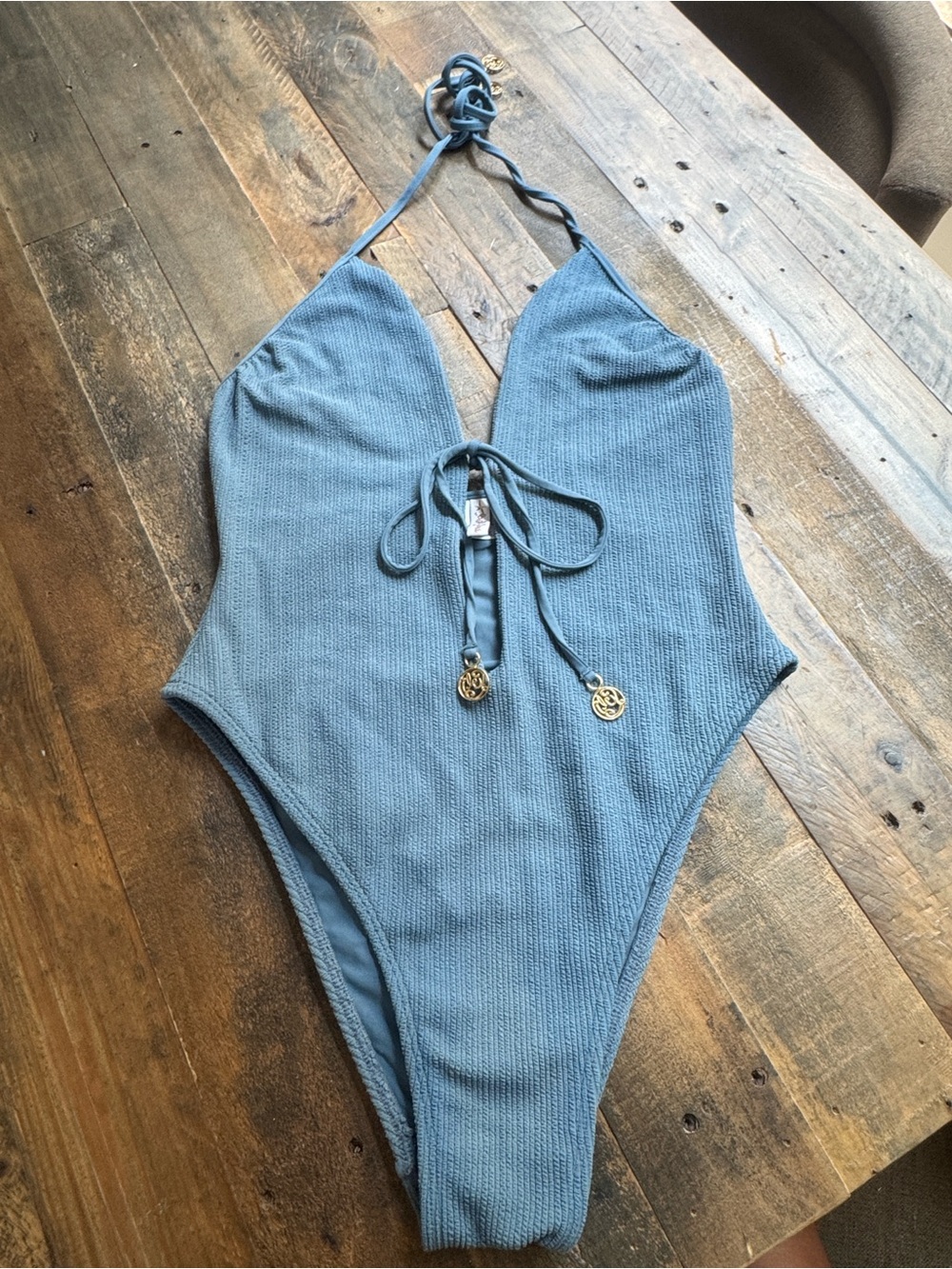 Luli Fama Light Blue Ribbed Halter One-Piece Swimsuit
